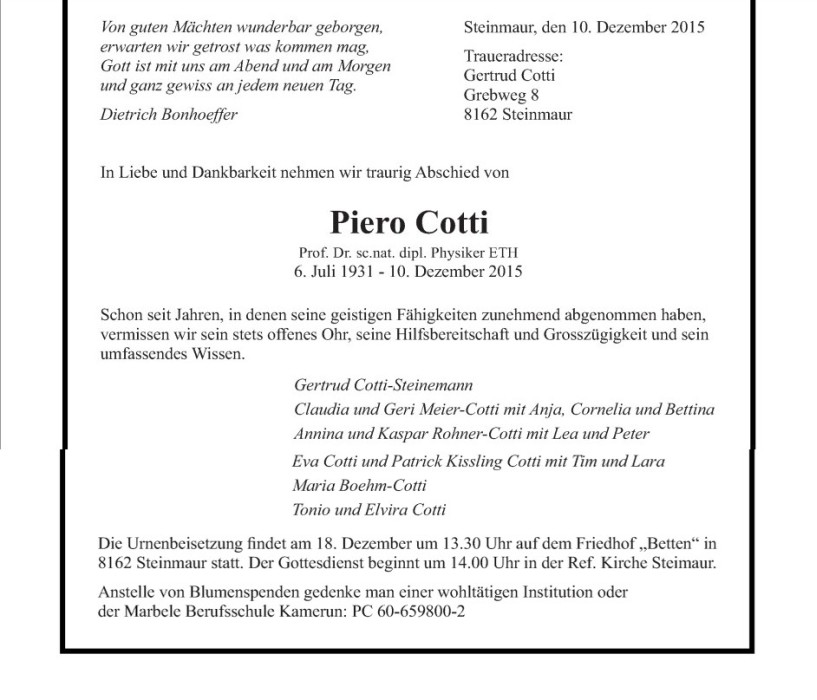 Todesanzeige Piero Cotti